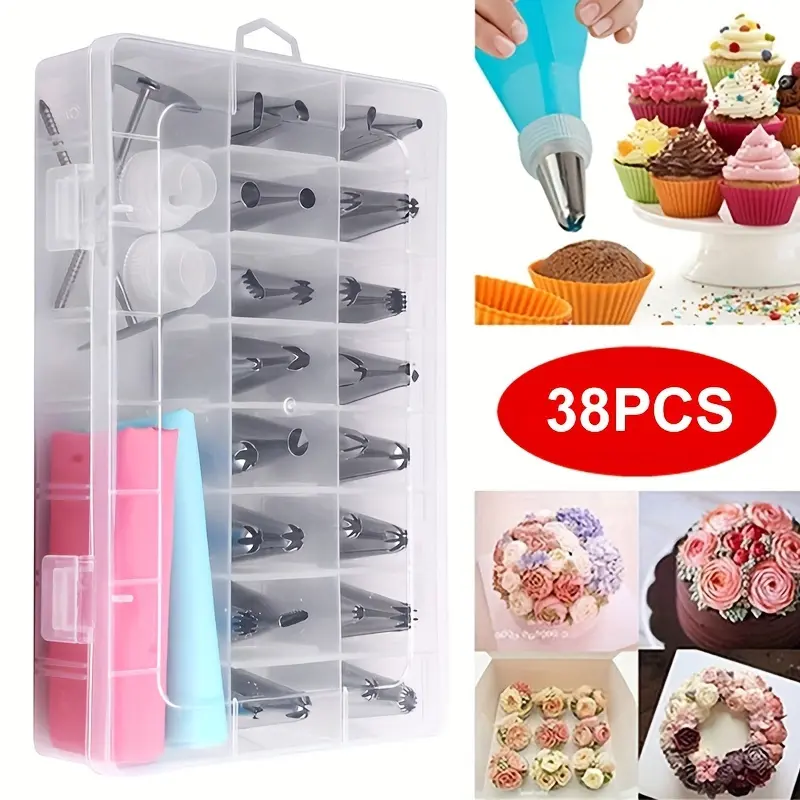 38pcs/set Piping Nozzle & Box Set, Simple Piping Tip & Storage Box For Baking Including 32 Mounting Tips + 2 Mounting Nails + 2 Mounting Bags + 2 Converters)