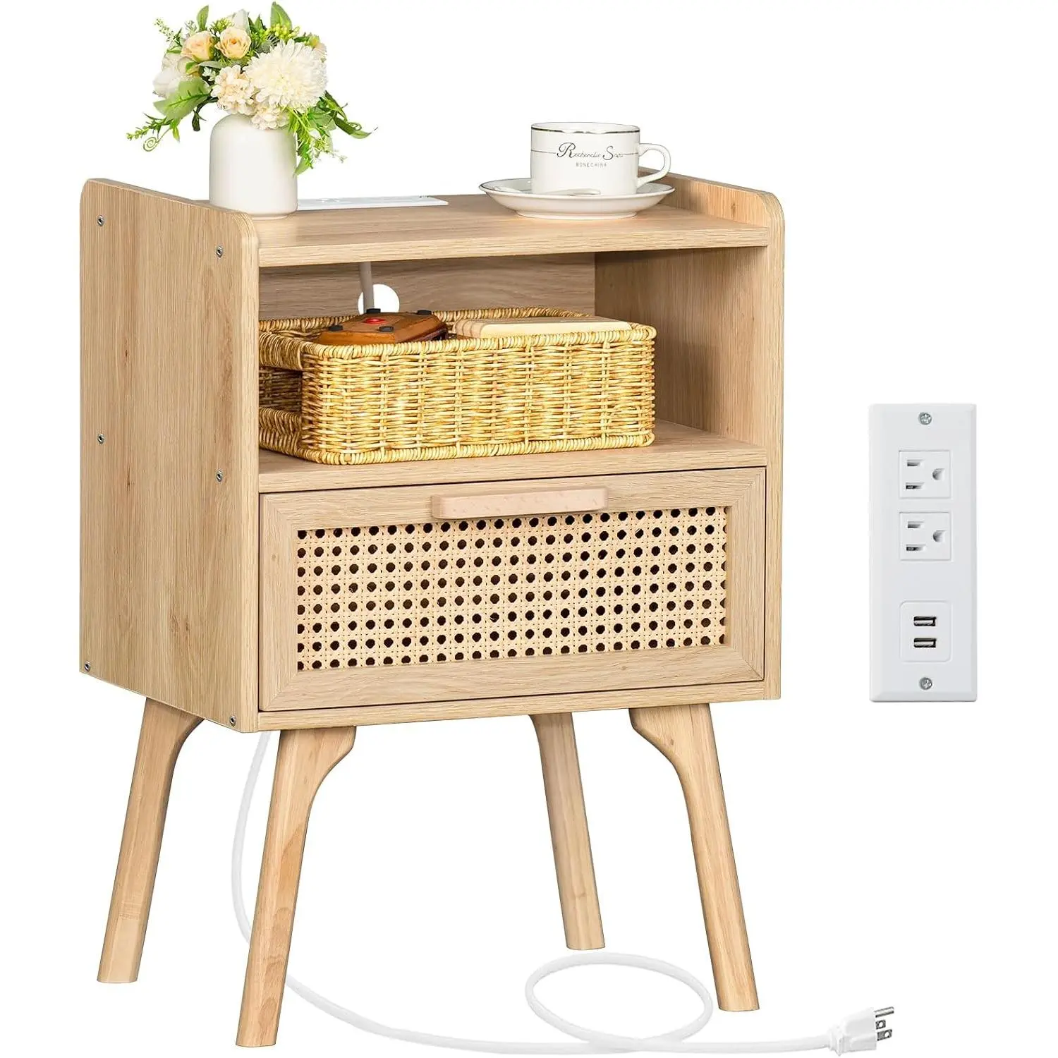 Boho Rattan Nightstand with Charging Station, Drawer and Open Cane Accent, Compact Indoor Side Table for Bedroom and Small Spaces