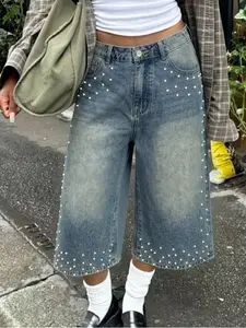 Vintage Blue Denim Seven-Quarter Pants, Straight Leg Loose Fit Slimming Women's Pants, Pearl Decoration, Trendy Street Style