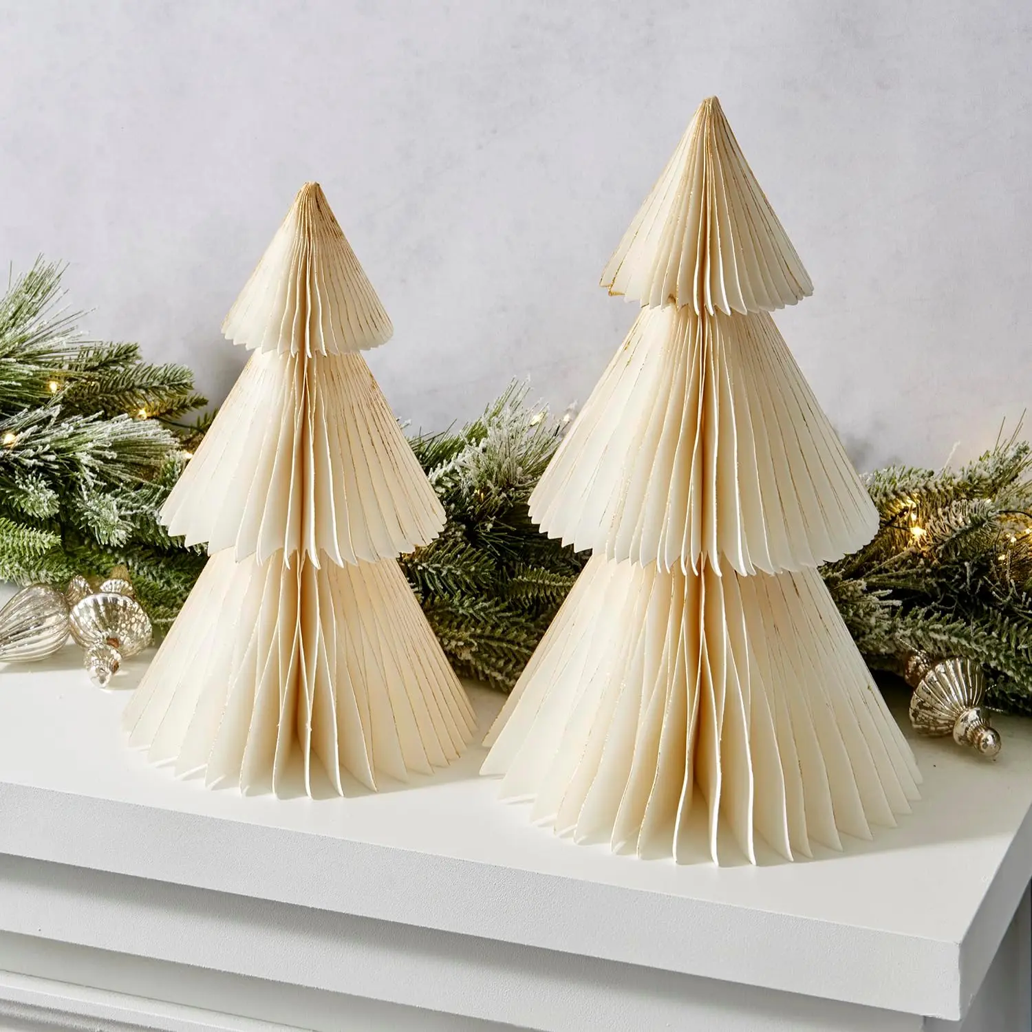 Paper Tree Decor, 2 Pack  Paper Trees, 10 & 12 Inch, White &  Glitter , Christmas Table Decor, Holiday Table Centerpieces, Christmas Decorations