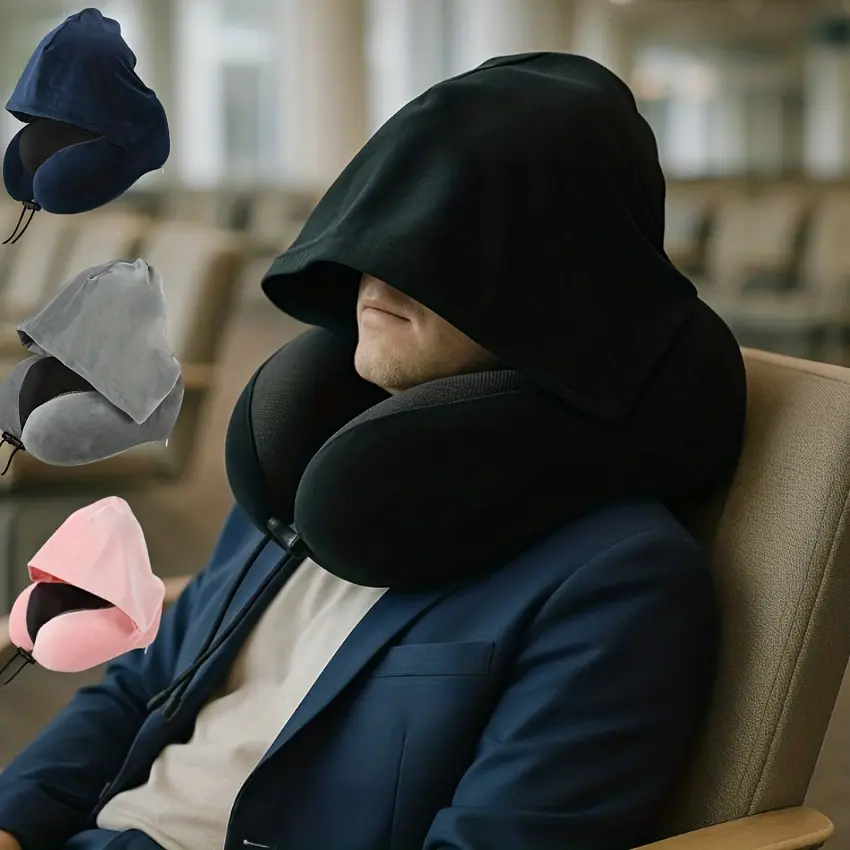 Hooded Light Blocking Neck Pillow, 360° Surround Comfort Slow Rebound Sleep Support Pillow for Travel Napping Office Breaks, Invisible Zipper for Easy Cleaning
