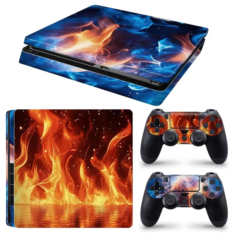 Fire & Ice Fluid Flame Art Vinyl Skin Cover for PS4 Slim Console and Wireless Controllers, Waterproof, Scratch-Proof & Long Lasting, Removable Without Residue Game Console Decor Sticker