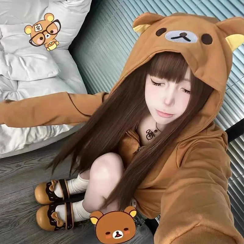 Y2K Women Japanese Style Rilakkuma Harajuku Streetwear Hoodies Outdoors Jacket Kawaii Cute Cartoon Print Zipper Sweatshirt Girl