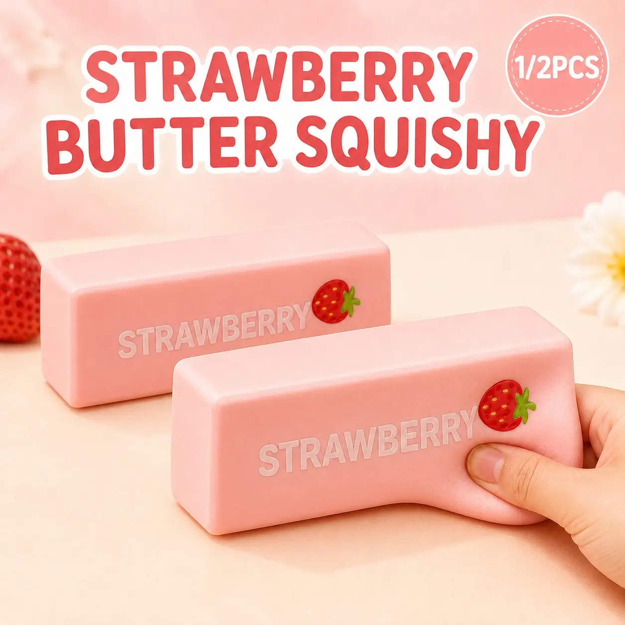 2/1PCS Strawberry Butter Squishy, Squishy Fidgets, Soft Slow Rising Squeeze Toy, Cute Butter Stick Sensory Fidget Toy for Stress Relief