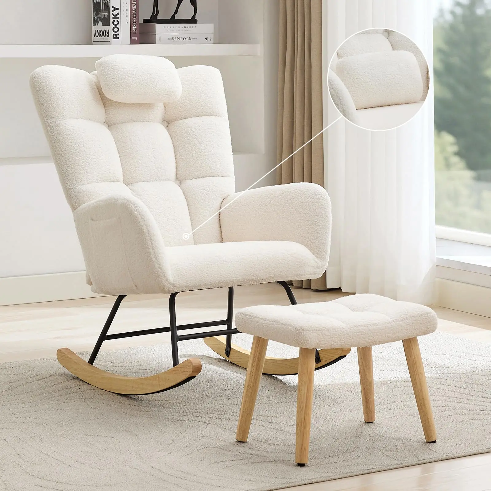 Nursery Rocking Chair with Ottoman, Teddy Upholstered Glider Chair with High Backrest, Accent Reading Chair for Nursery, Living Room, Reading Nook