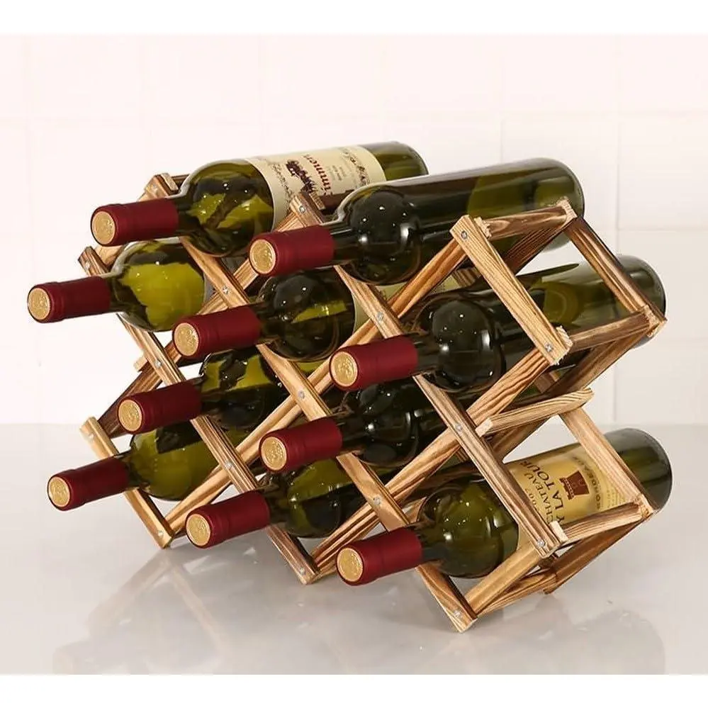Foldable Wooden  Rack, 10-Bottle Expandable Countertop  Holder with 8 Individual Slots and Top Storage, Carbonized Pine, No Assembly Required