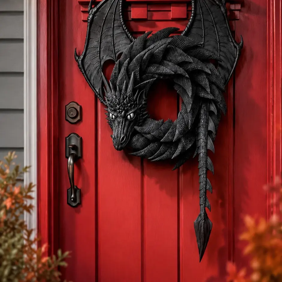 Gothic Dragon Door Wreath – 3D Resin Fantasy Dragon Wall Hanging, Halloween Front Door Decor, Medieval Home Accent Gift
