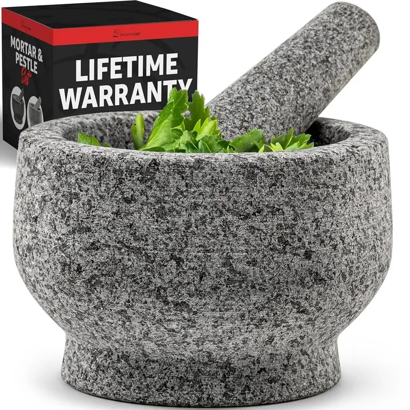 1.5 Cup Granite Mortar and Pestle Set, 5.1 Inch Solid Stone Grinder Bowl with 6.5 Inch Pestle for Guacamole, Salsa, Herbs and Spices,Bulk