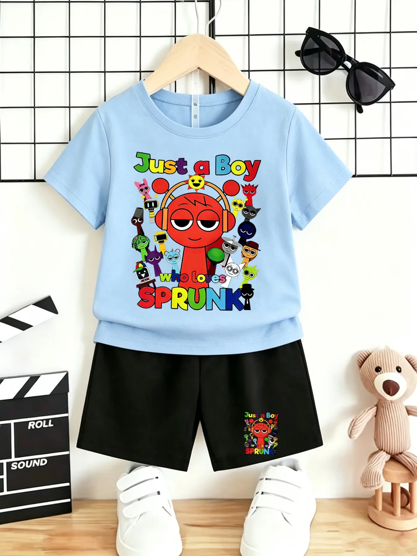 Best Seller Just A Boy Who Loves Sprunki Cartoon Kids 2Pcs Set, Boys Blue Tee +Shorts Outfit Multi Color Top, Game Kids Birthday Gift Hot Selling#Sprunki Boys Set #Boys Summer Outfit