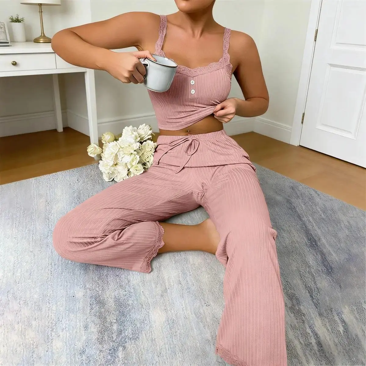 Women's 2-Piece Ribbed Knit Pajama Set - Sleeveless Lace Trim V Neck Crop Top, Loose Fit Long Pants, Soft Machine Wash Casual Camping Loungewear Nightwear, Pajama Sets, Regular Fit, Indoor & Outdoor Wear, Machine Washable, Lightweight & Breathable, Full L
