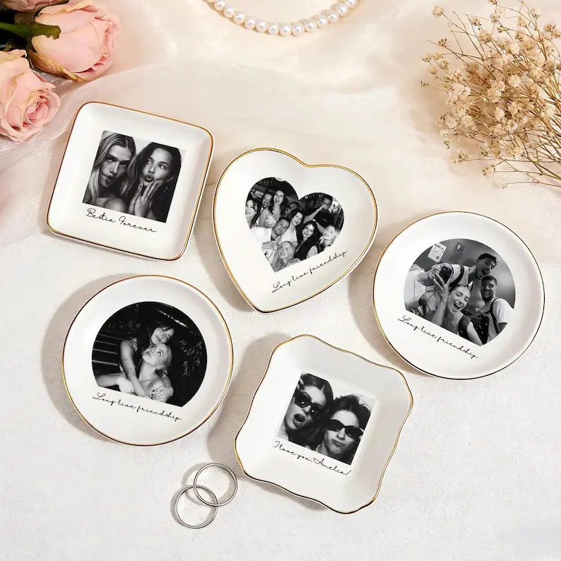 Ceramics Personalised Bestie Photo Trinket Dish - Custom Jewelry Ring Tray, Bridesmaid Proposal Gift, Wedding Present for Best Friend