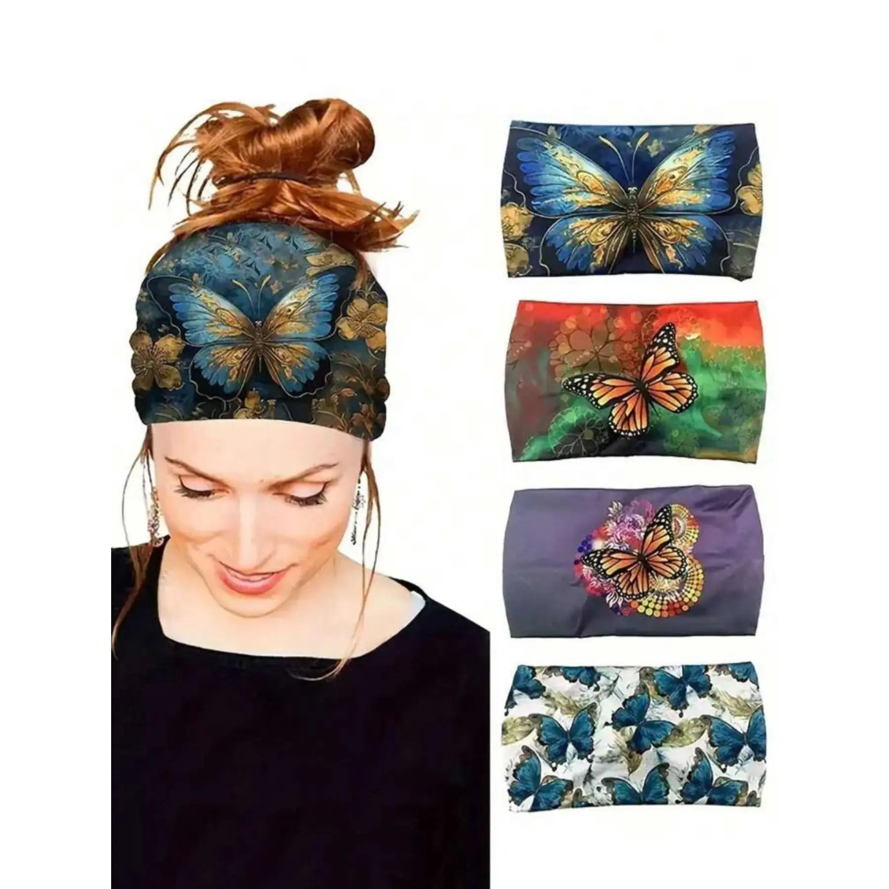 Headbands for Women, 4 Piece Boho Butterfly Print Woven Headband Set, Wide Stretchy Cross Bands for Workout & Sports, Stretchy Headbands