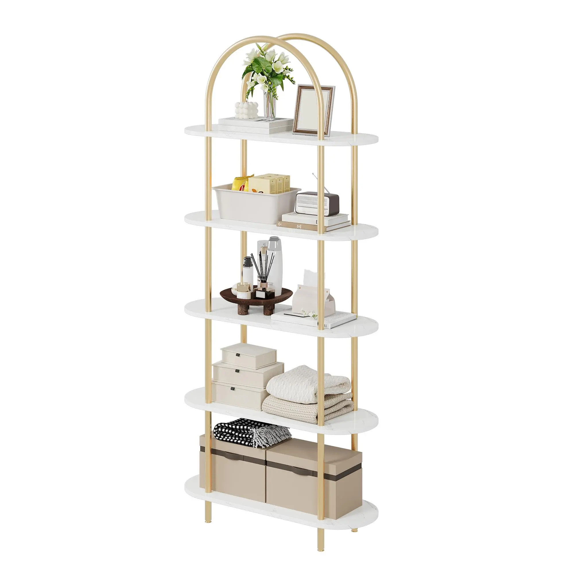 71" Tall 5-Tier Arched Shape Bookcase - Heavy-Duty Metal+Wood Living Room Space Saving Furniture, Gold-Black Frame with Marble Finish, Narrow Book Nook for Collectibles, Anti-Tip Safety, 70.87"h x 31.5"l x 11.81"w, Assembly Required, Durable