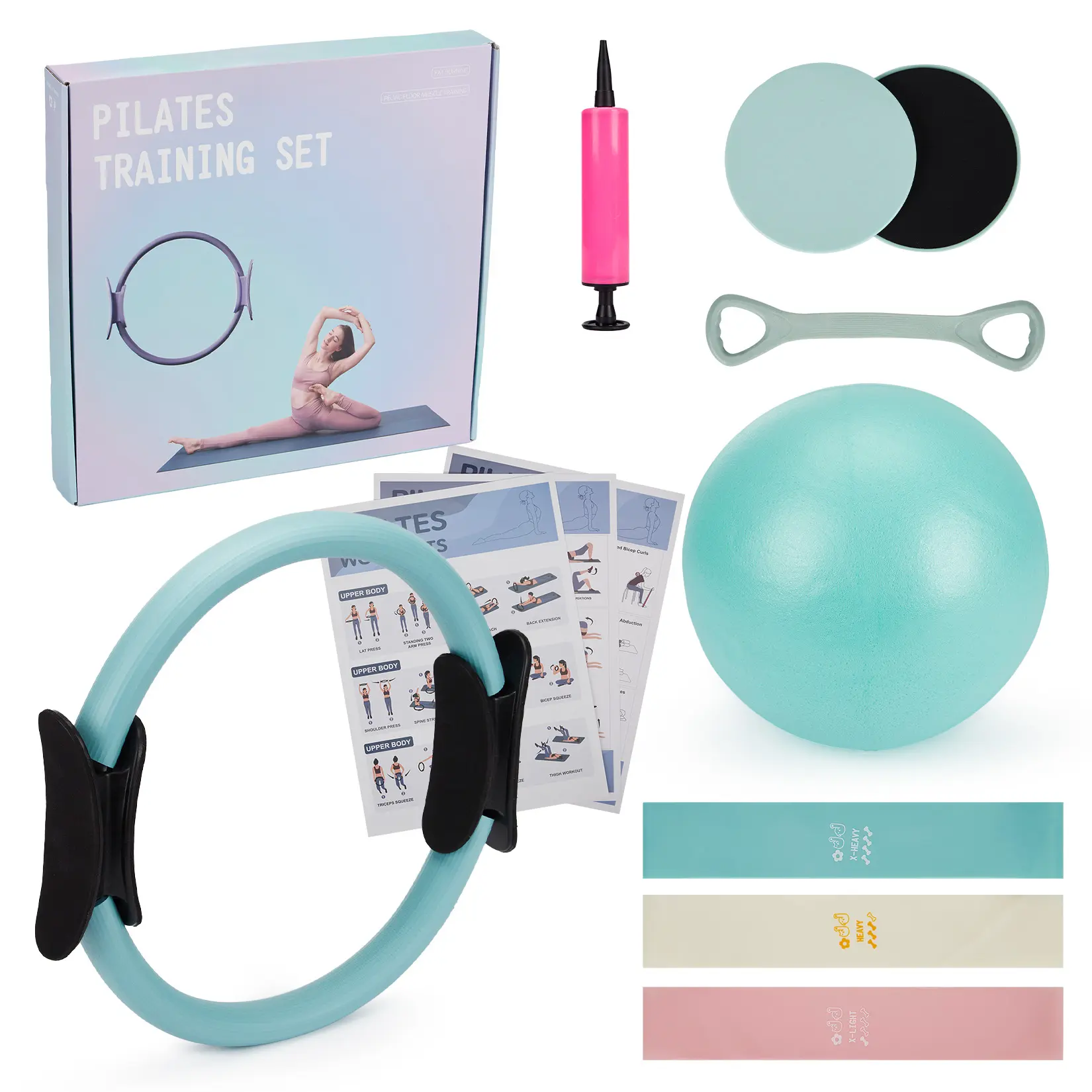 7 in 1 Pilates Set, Complete At Home Pilates Kit, Pilates Kit for Home Workouts with Magic Circle, Exercise Ball, Resistance Bands & Core Sliders, Green Fitness Equipment Set