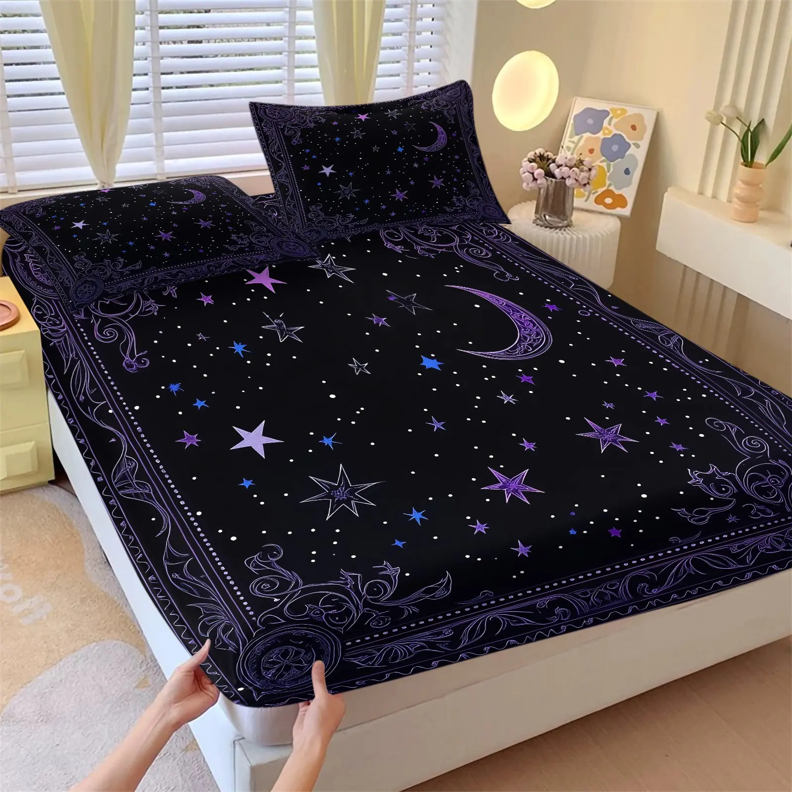 3Pcs Purple Celestial Moon Star Decorative Fitted Sheet Set Soft Microfiber Gothic Night Sky Pattern Deep Pocket Sheets Wrinkle Resistant Bedding Set Vintage Ornate Border Mystic Witchy Bed Linens For Bedroom Aesthetic Room Decor