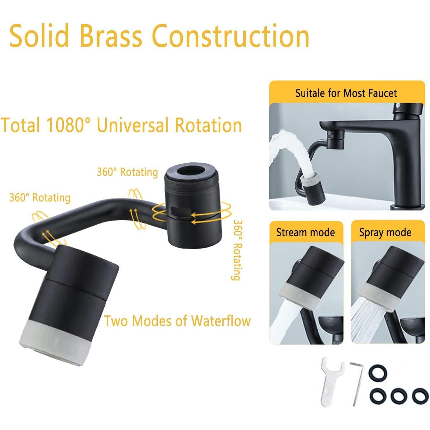 1080? Rotating Faucet Extender Aerator,Solid Brass Universal Splash Filter Faucet, Big Angle Swivel Faucet Aerator Sink Attachment,Dual-function 2-Flow Sprayer,Matte Black...