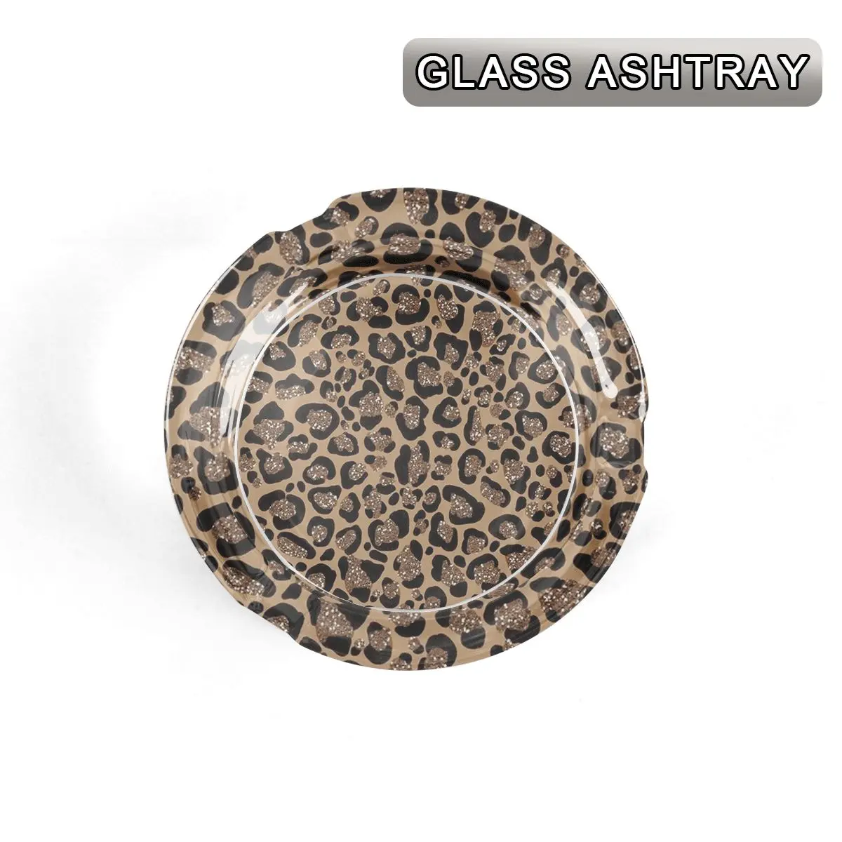 1Pc Round Glass Ashtray with 3 Cigarette Slots, Glitter Leopard Print Decorative Cigarette Ash Tray, Anti-Slip Base Tabletop Ash Holder for Home Bar Indoor Outdoor, Trendy Novelty Smokers Gift for Men & Women Ornaments, Boujee Home Accessories