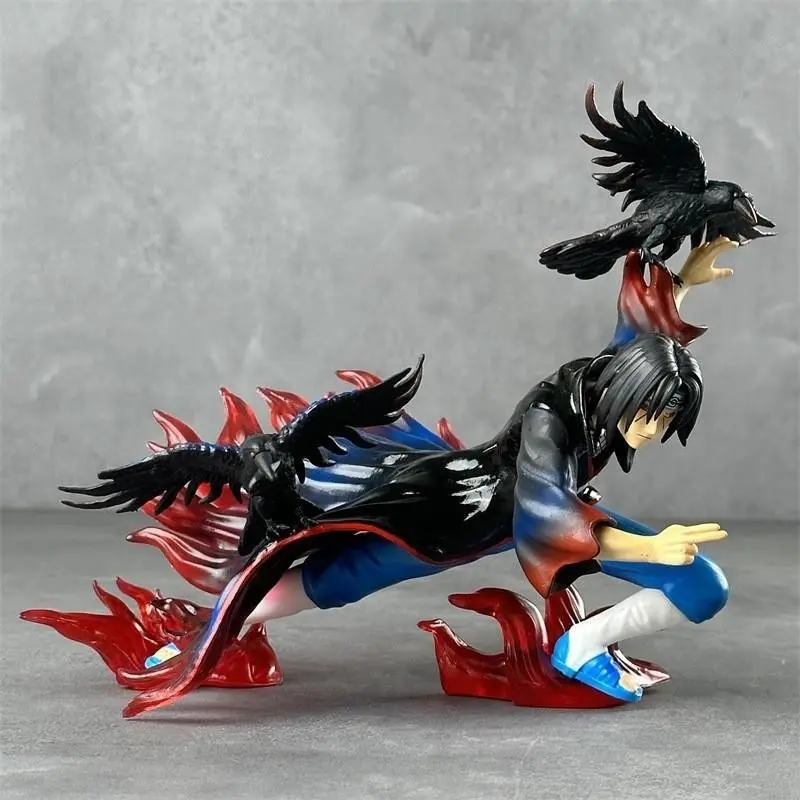 Naruto Uchiha Itachi Figure 17.5cm, Akatsuki Crouching Pose with Two Ravens Fire Effect, Anime Desktop Ornament Gift Model, Collectible PVC Figure