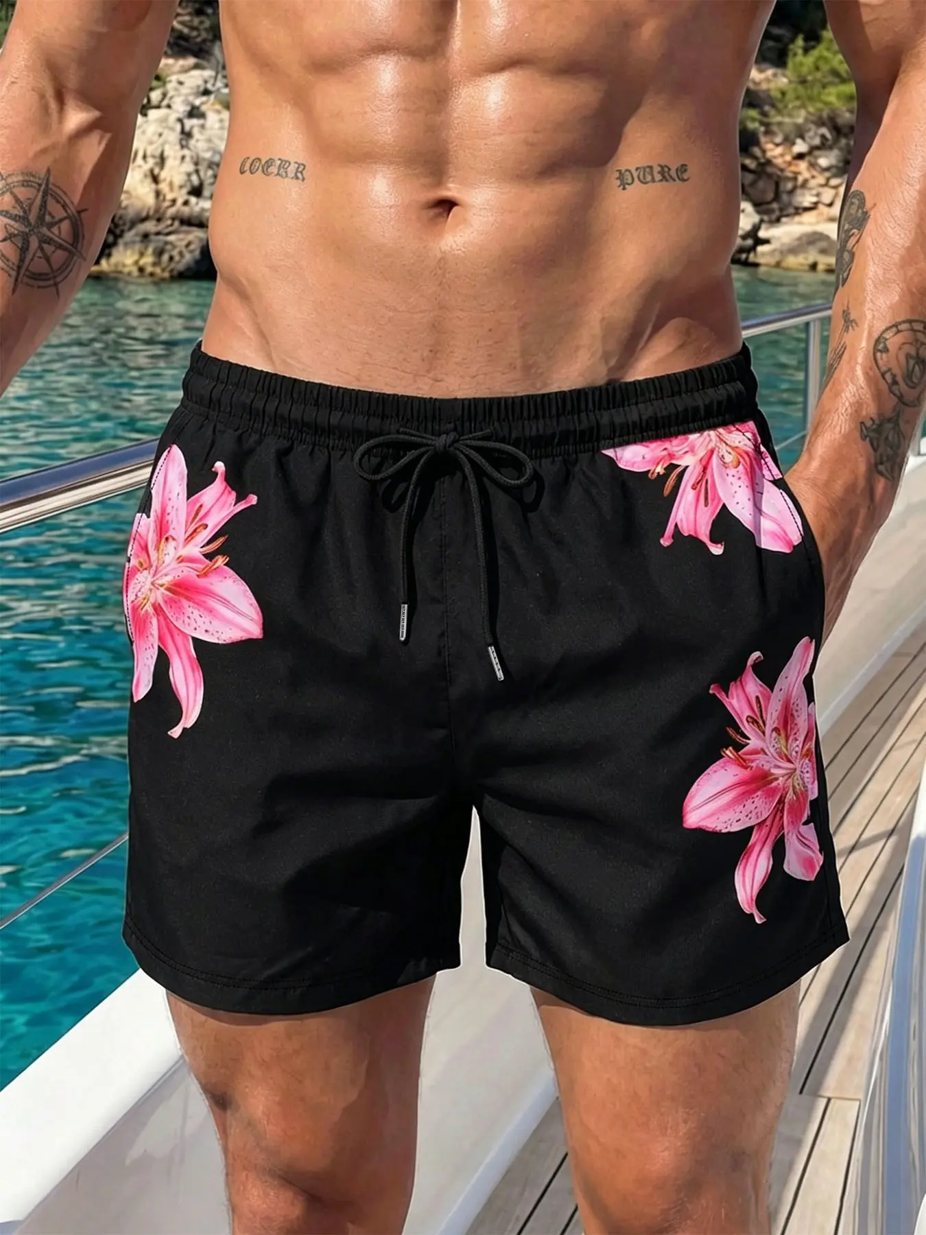Men's Floral Print Beach Swim Shorts, Black With Pink Lily Print, Casual Elastic Waist Bottom for Beach and Vacation, Summer Swim Bottoms