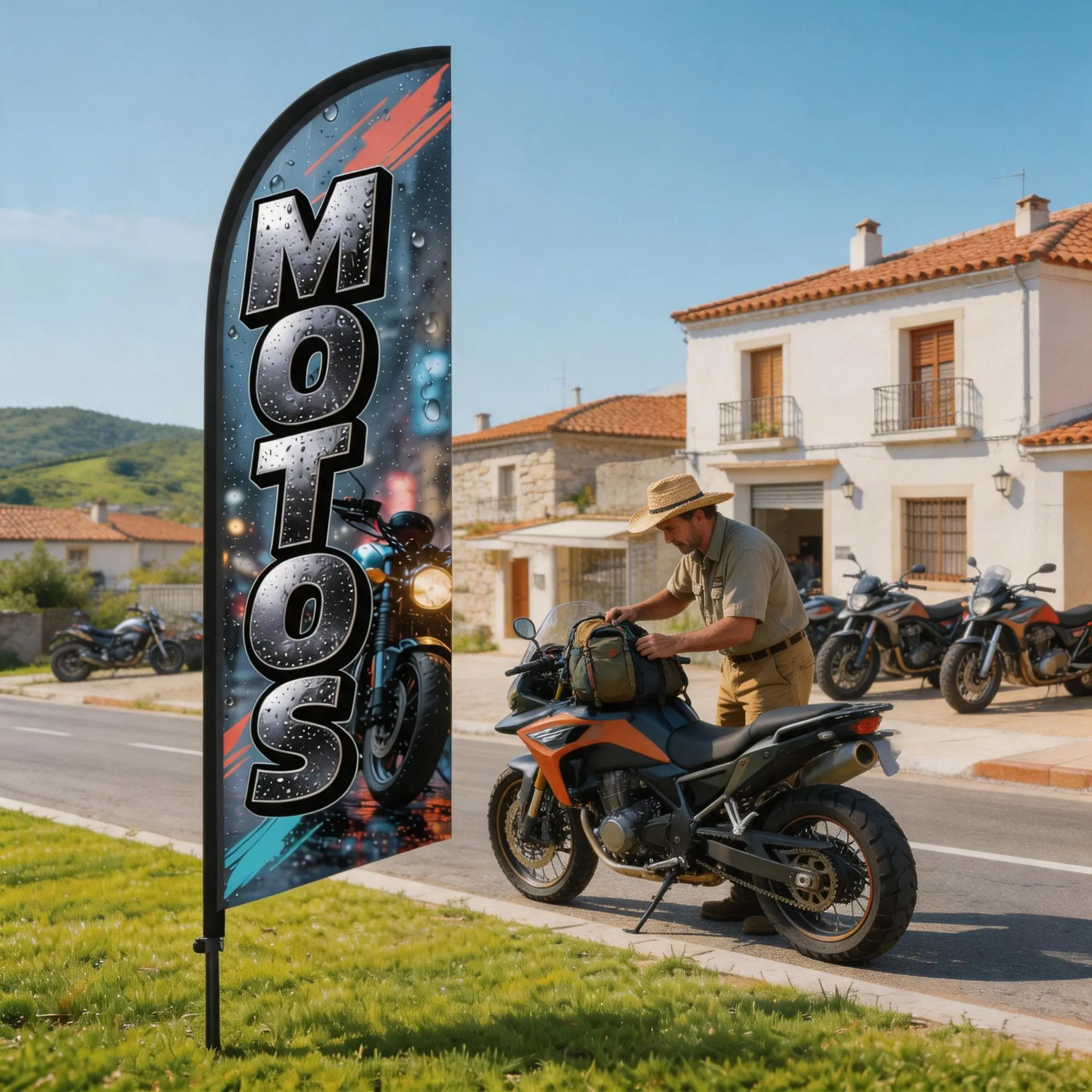 Motorcycle Feather Flag 8.5 Feet Tall, Polyester Waterproof Sunscreen Flag, Wind-Resistant Single-Sided Print, Outdoor Promotion Tool