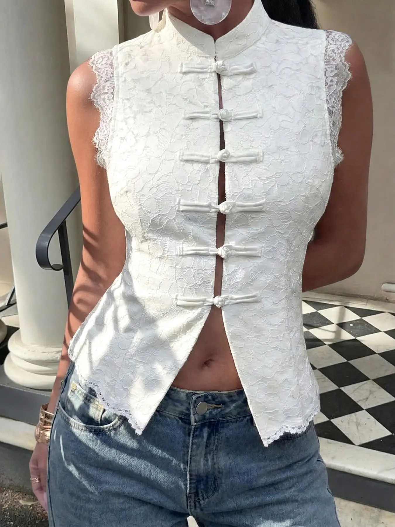 White Lace Camis Mandarin Collar Tank Top Women Sleeveless Slim Fit Camisole Frog Button Front Split Hem Blouse Elegant Chic Casual Hollow Detail Going Out Top Vintage Inspired Summer Fashion Top