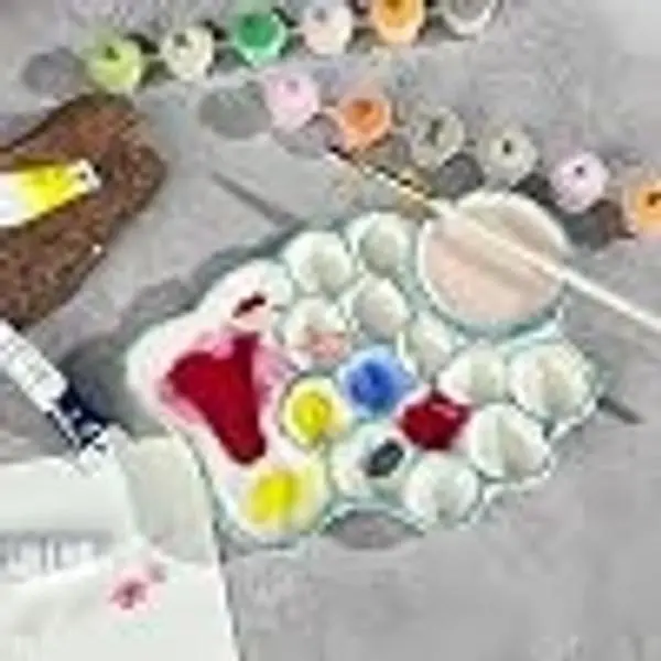 Blue Ceramic Artist Palette with Built-in Water Bowl for Watercolor, Gouache and Other Paints, Easy for Painting and Cleanup