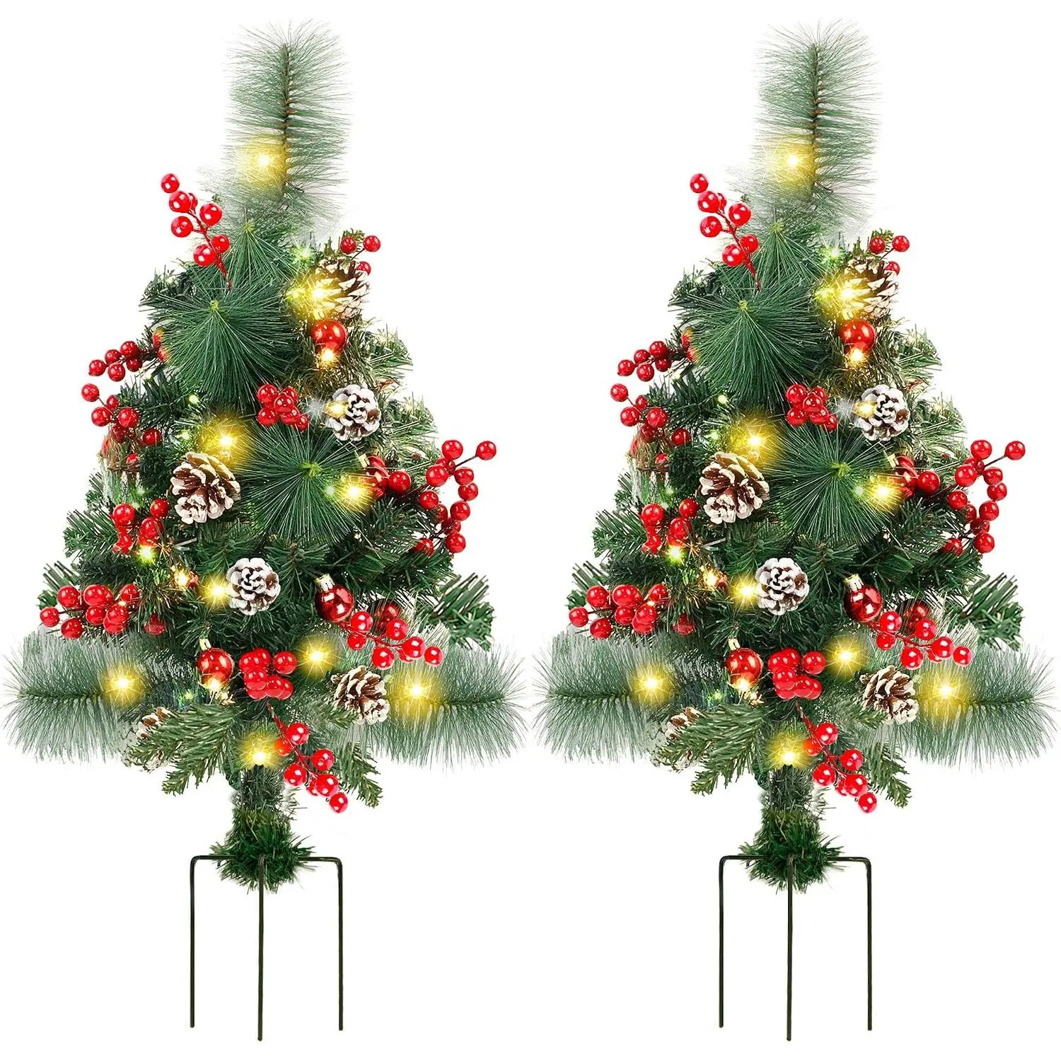 2-Pack Traditional Modern 2ft Pre-Lit Pathway Christmas Trees with Stake - Synthetic, 60-Light Outdoor Festive Yard Decor, Insertable Ornaments: Red Berries, Red Balls, Pine Cones