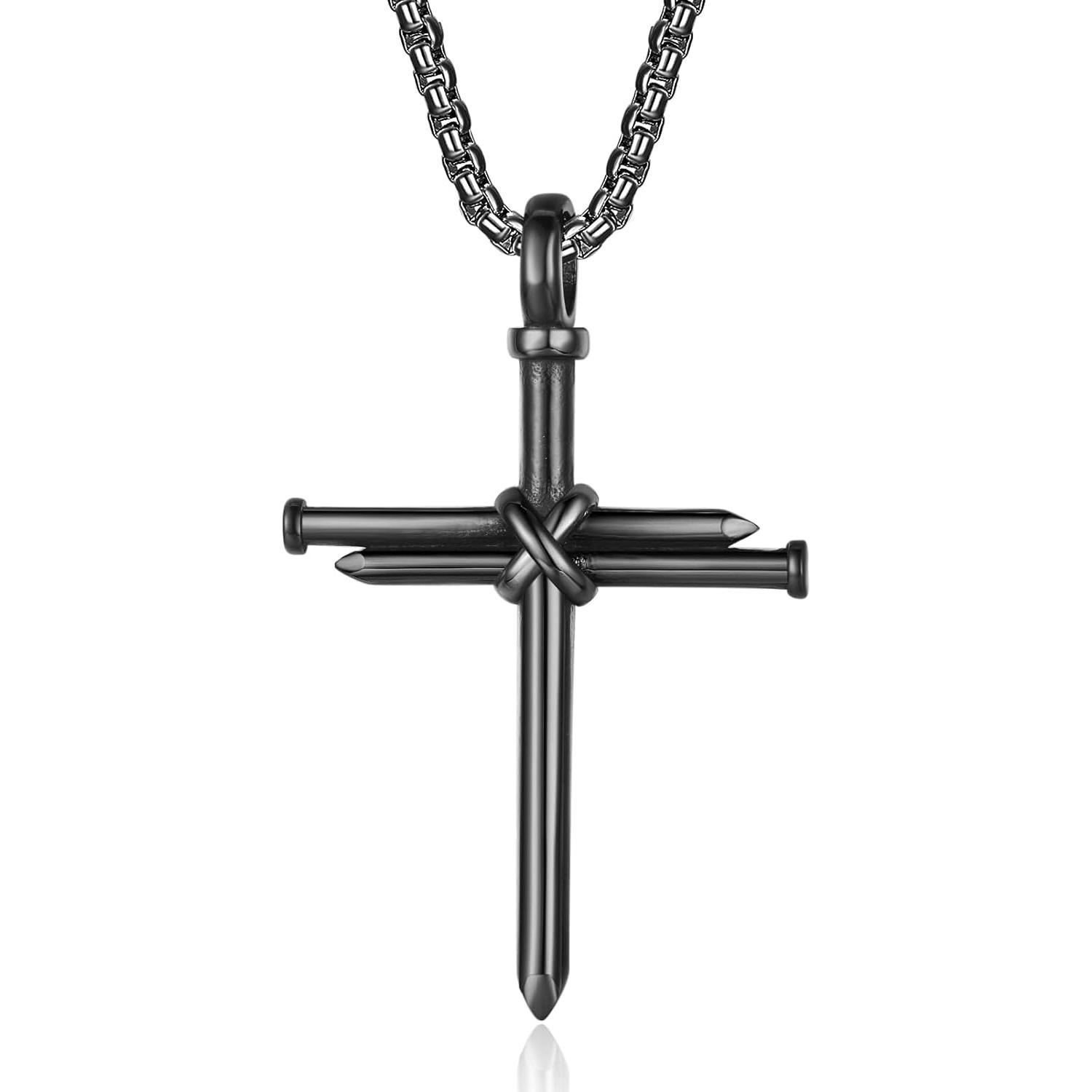 Men's Stylish Nail Cross Necklace Stainless Steel 24in Chain 3 Nails Jesus Pendant Christian Gift for Dad/Boyfriend/Husband Baptism Birthday Anniversary Gift Black/Silver/Gold
