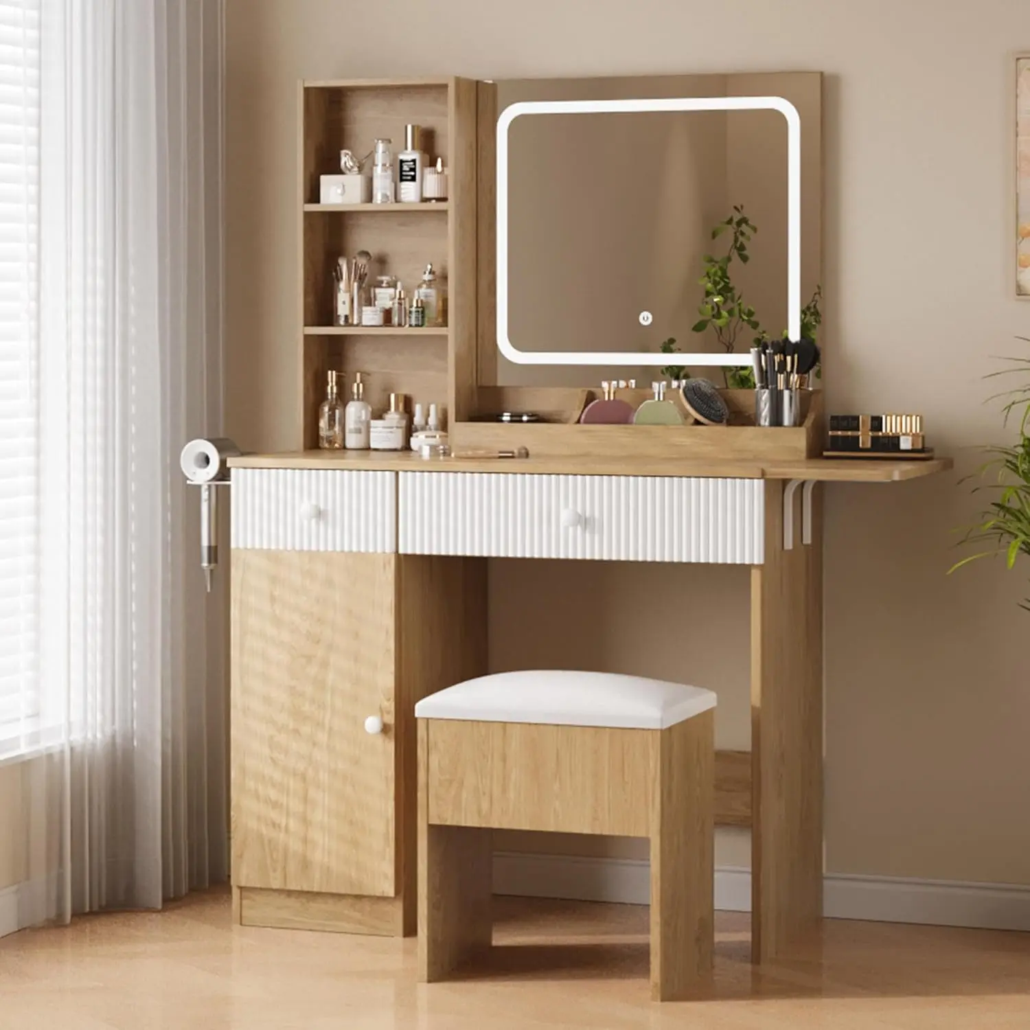 Sturdy Compact Makeup Vanity Desk with Mirror-LED Lights, Power Outlets, Drawers, Cabinet, Storage Stool, Collapsible Panel - Portable Organizer for Vanity Organization, Bedroom Use to Streamline Daily Routine, Portable Vanity