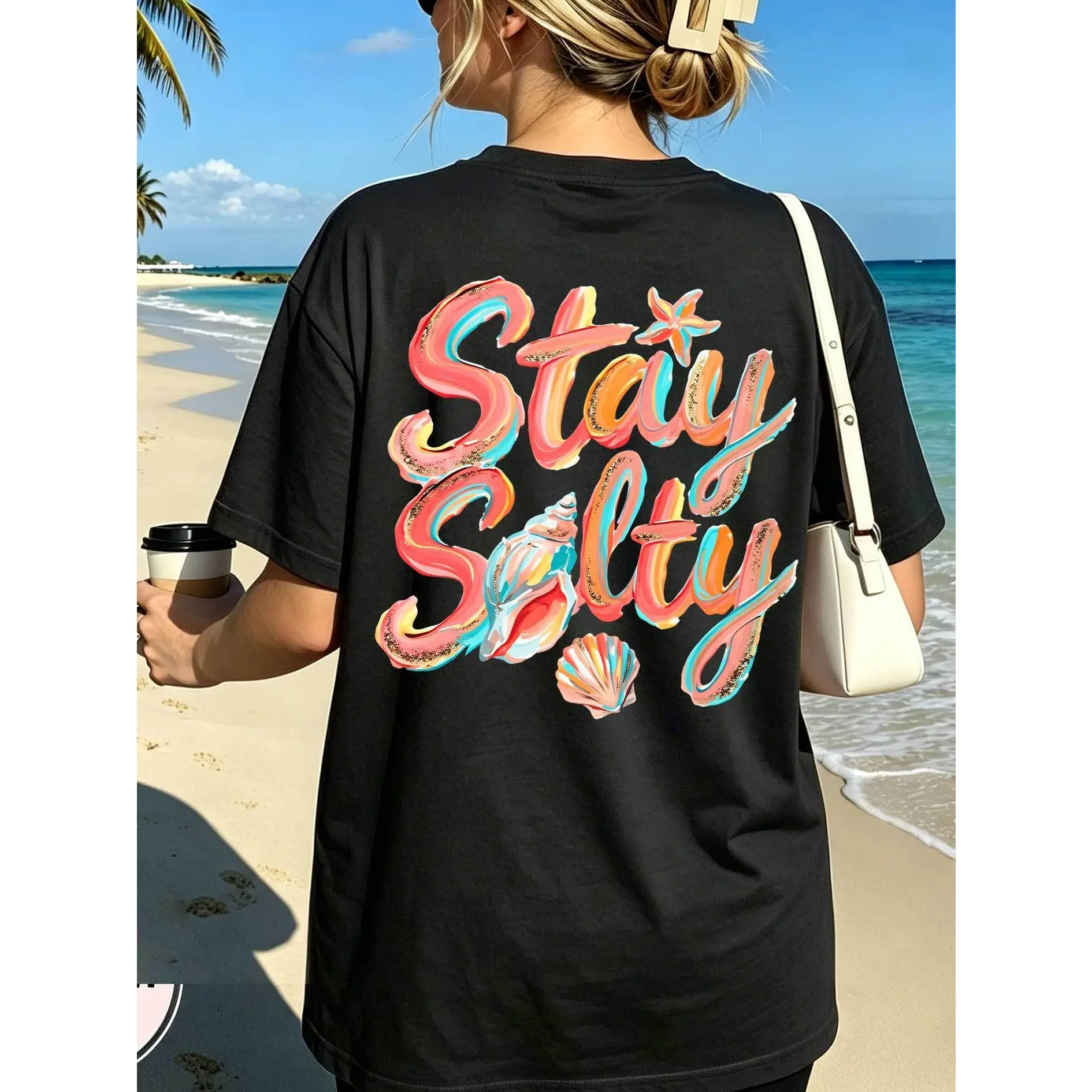 Women's Vintage Hawaiian Style Short-Sleeve Gradient Fabric T-Shirt - Glitter Colorful "Stay Salty" Design, Seashell Back Print, Crew Neck, for Beach Vacation, Photoshoots, Spring Summer Casual Wear