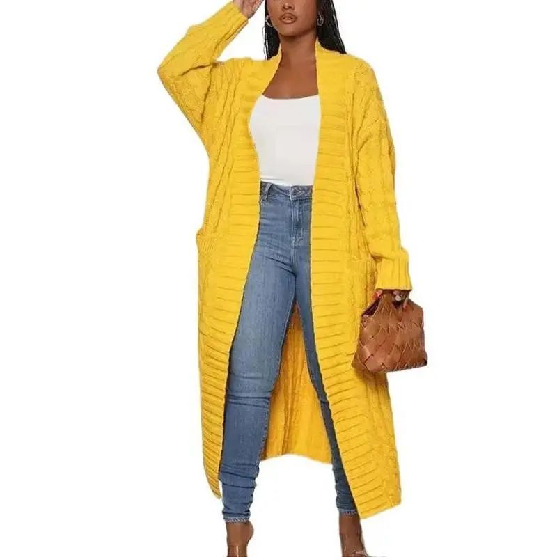 Women's Solid Color Textured Drop Shoulder Pocket Longline Cardigan, Casual Open Front Long Sleeve Knitwear for Fall & Winter fall sweaters Knitting Can be used with raincoat