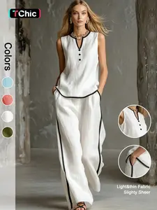 Women's Summer Loose-Fit Set, V-Neck Fake-Button Contrast-Edge Sleeveless Top and Wide-Leg Pants, 2-Piece Outfit for Casual Wear