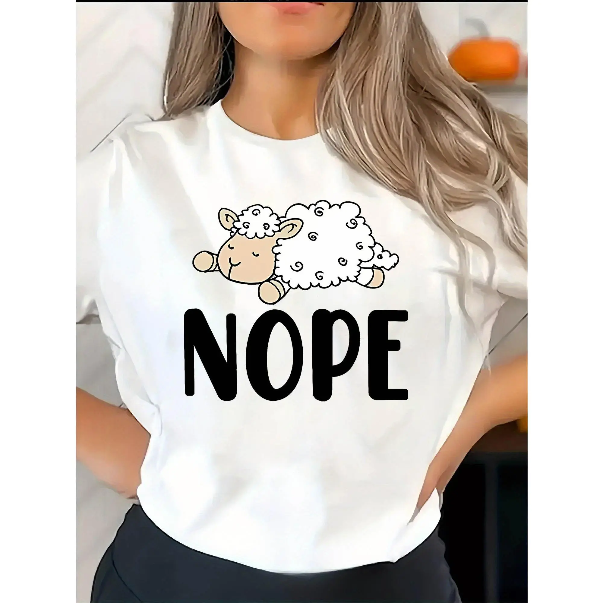 Women's Sheep Print Casual T-Shirt - Soft Stretch Round Neck Short Sleeve Blouse Sheepwear Top, Machine Washable Summer & Casual Attire Suitable for Summer Outfits