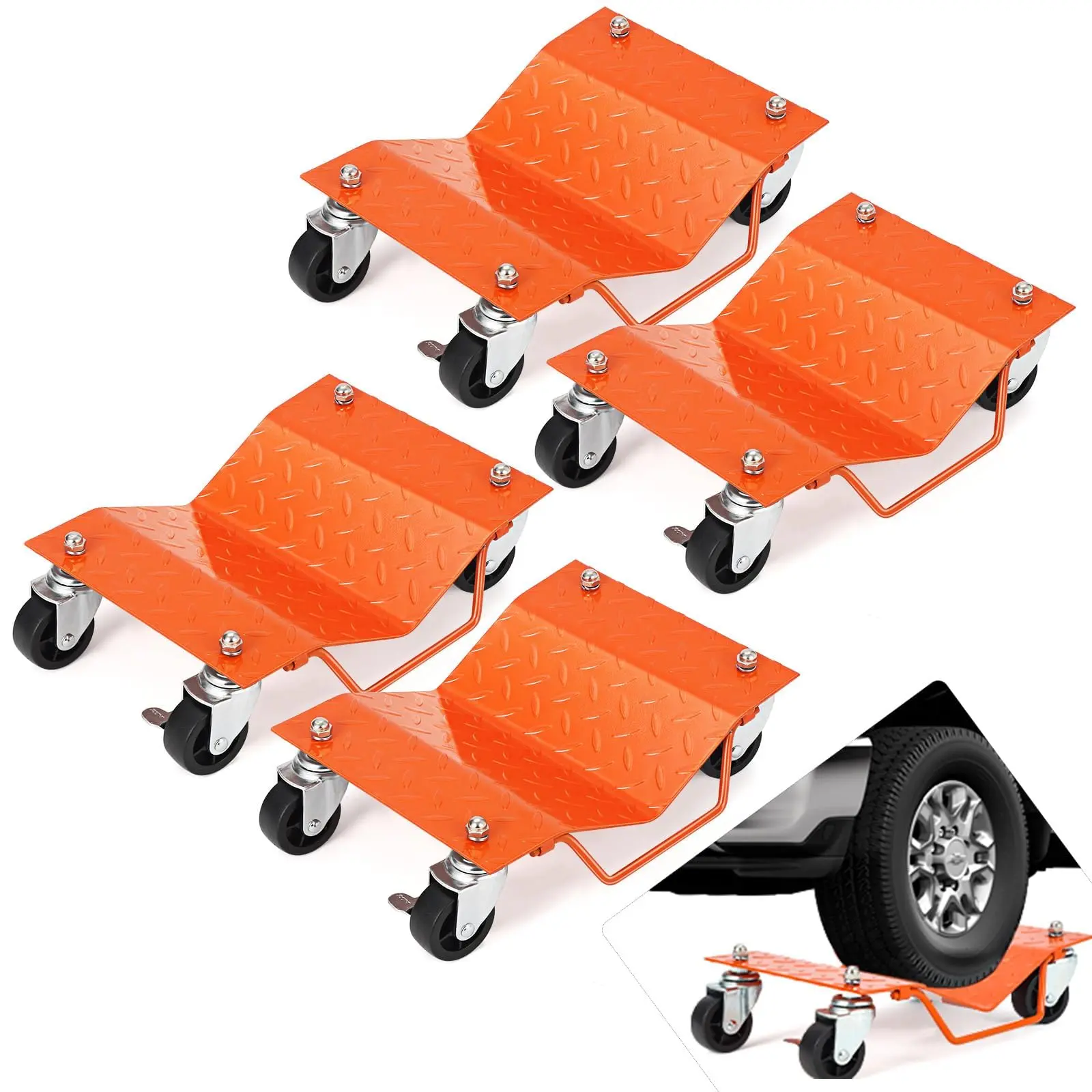 Car Dollies Set of 4, 1500 Lbs Capacity Each, Heavy Duty Wheel Dollies with 3" Lockable Casters, v-Shaped Non-Slip Plate, Vehicle Moving Dollies for Garage, Shop