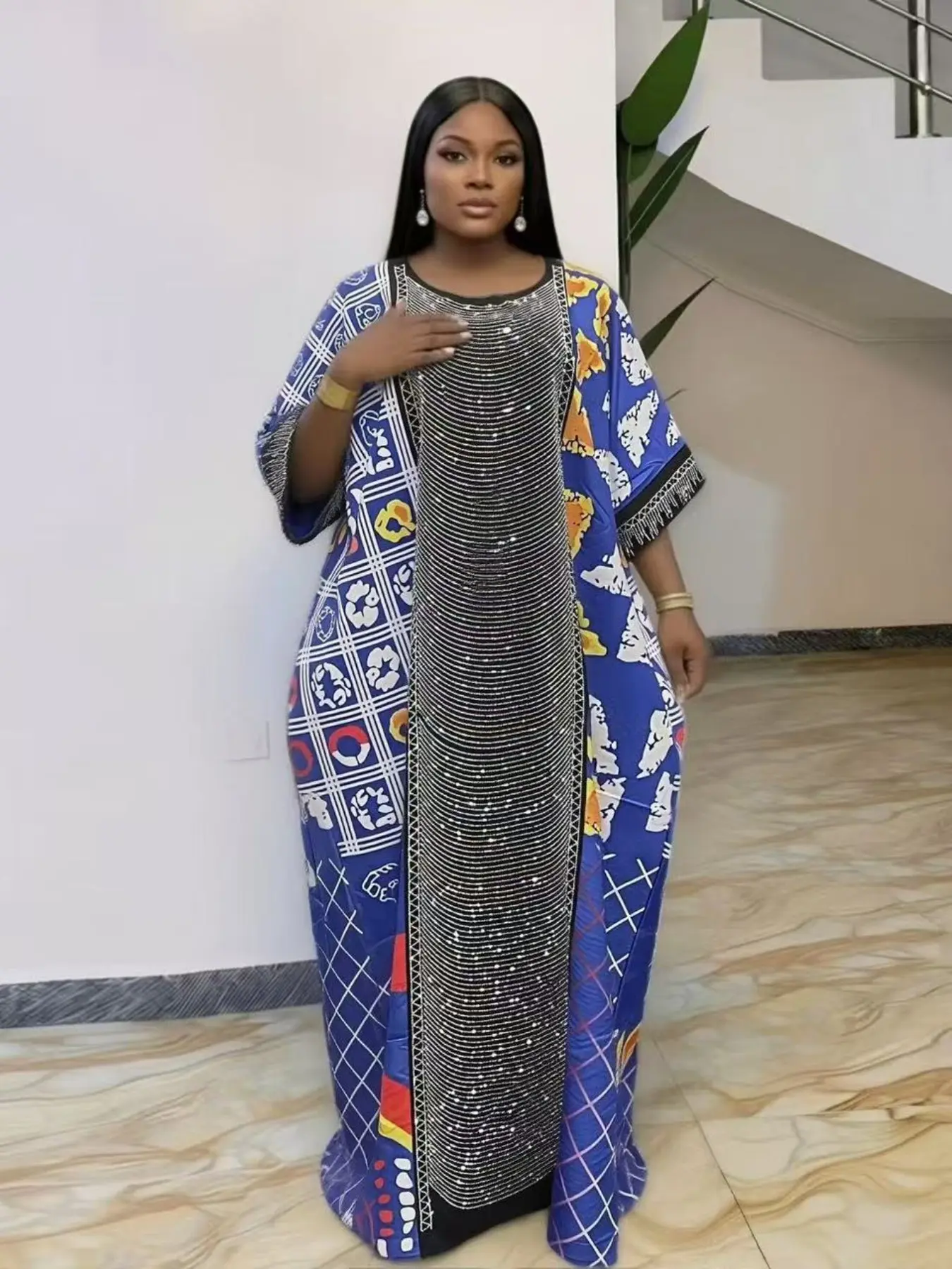 Green geometric print rhinestone party high-end women's long robe dress loose plus size Bubu kaftan for party, holiday, summer, short sleeves, round neck with pockets, 2026 new multi-color Casual Wear Batwing