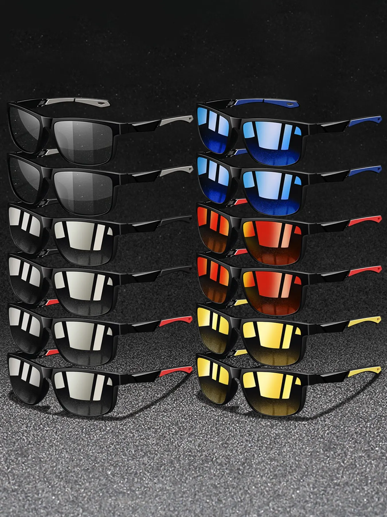 12 pairs of the latest sports sunglasses with a neutral design. The classic splicing frame with UV400 protective lenses and anti slip rubber nose pad perfectly combines fashion and functionality, making it a great match for outdoor activities.