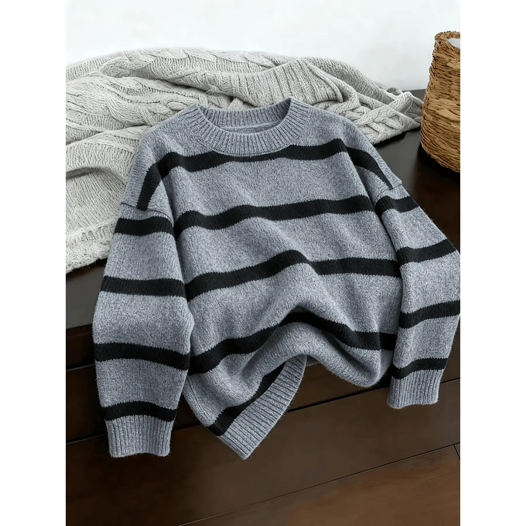 pretty,odd,Trust,Blue,Collar,Unisex,silver,hoodie,dress,gracie,abrams,Cotton,Heart,Patch,tops,Santa,Sequin,Sweatshirt,graphic,tee,Women' Vintage Wide Stripe Sweater - Oversized Drop Shoulder Sweater Suitable for Fall/Winter, Classic Crew Neck Pullover wit