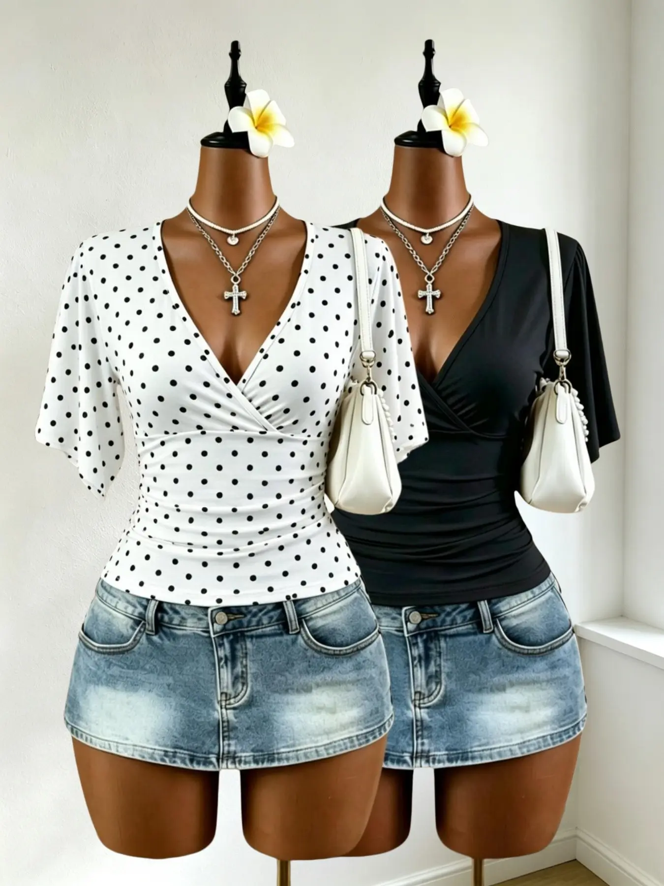 Women's V-Neck Cross over Wrap Short Sleeve T-Shirt, Flutter Sleeve Ruched Waist Elastic Top, Two-Piece Set for Streetwear Chic