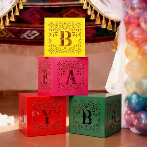AmazingSpark 4 Pcs Mexican Baby Shower Party Decorations Mexican Papel Picado Baby Boxes with Letters Fiesta Taco Bout Blocks Boxes Decor for Gender Reveal Birthday Fiesta Photo Props