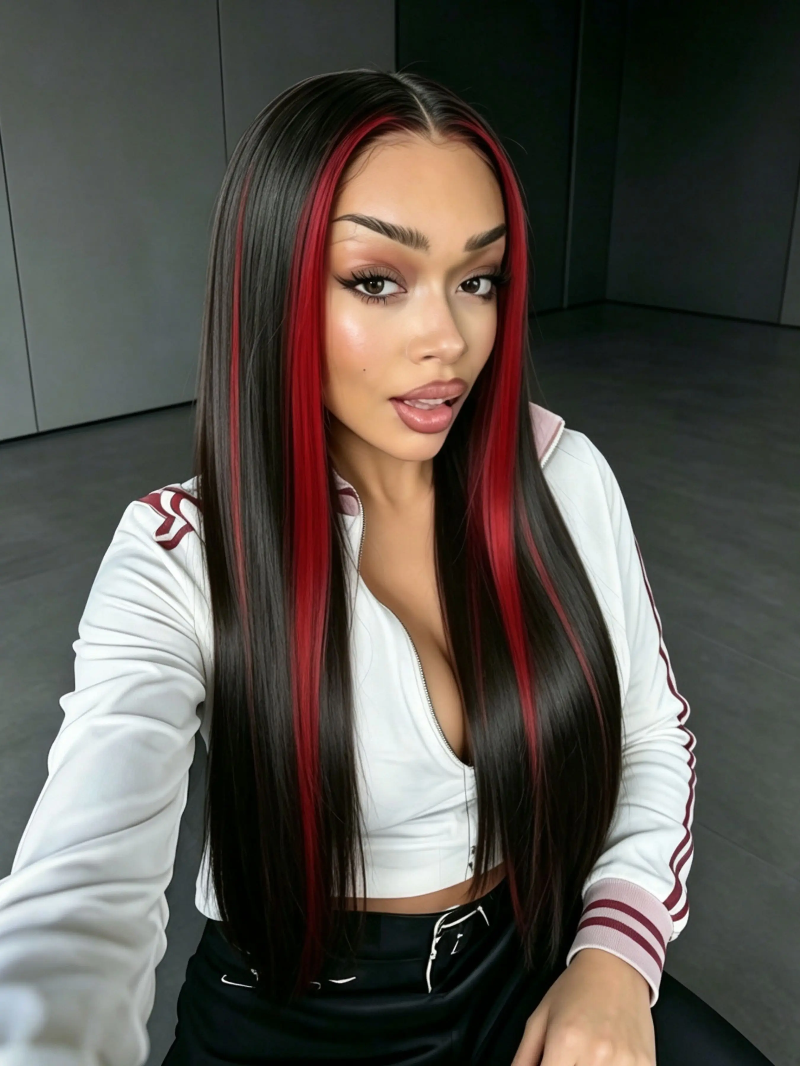 Black and Red Highlight Long Straight Wig 13x4 Lace Front Wig Free Part HD Transparent Lace Frontal Straight Synthetic Wig with Pre-Plucked Natural Hairline Heat Resistant Fiber for Women Daily Wear 28 Inch