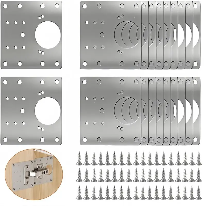10-Piece Cabinet Door Hinge Repair Kit, Durable Stainless Steel Hinge Installation Plate, Large Size Kitchen Closet Furniture Screw Fixing