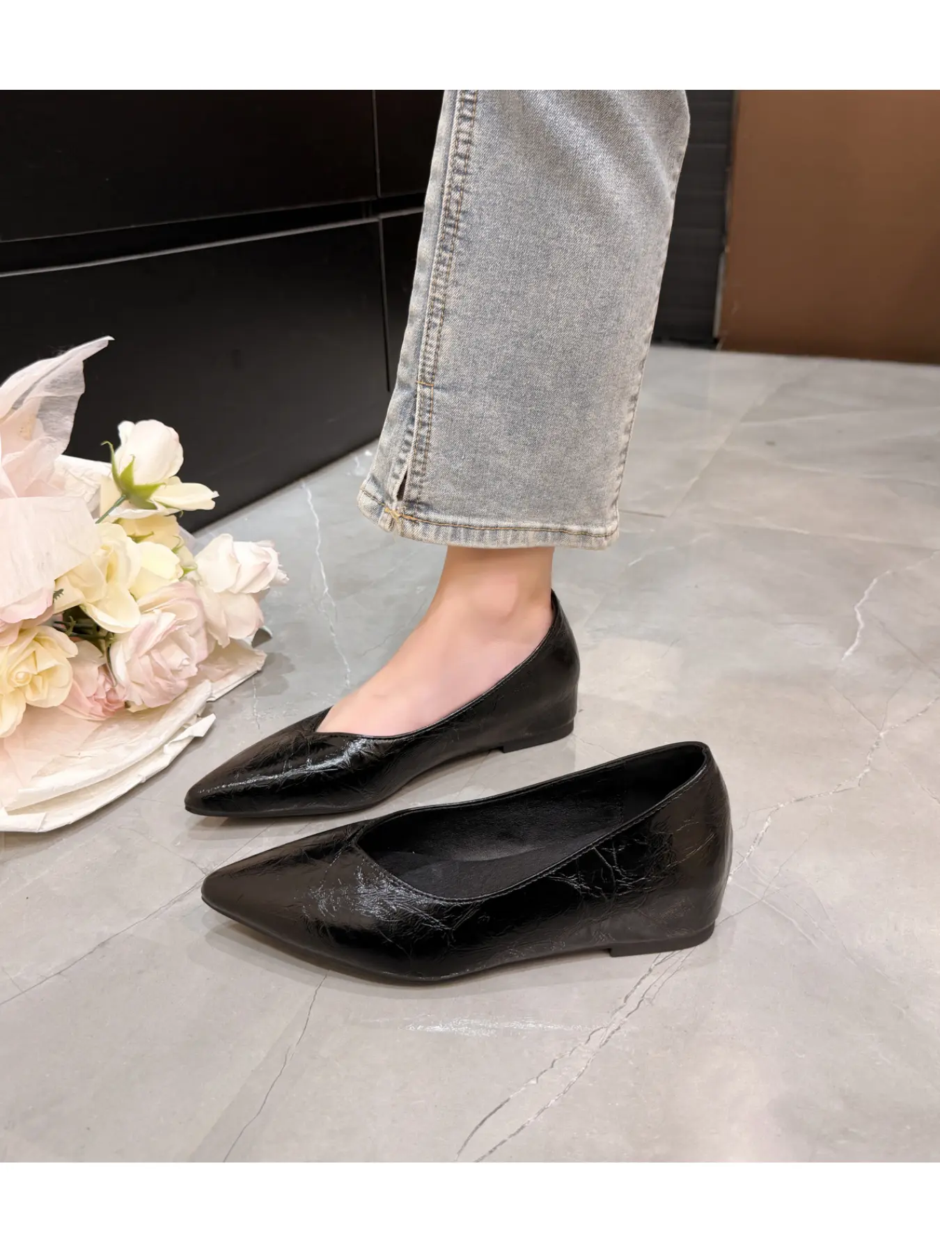 Women Crinkle Metallic Leather Pointed Toe Flat Shoes, Slip On Elegant Daily Dress Ballet Flats Office Casual Pumps