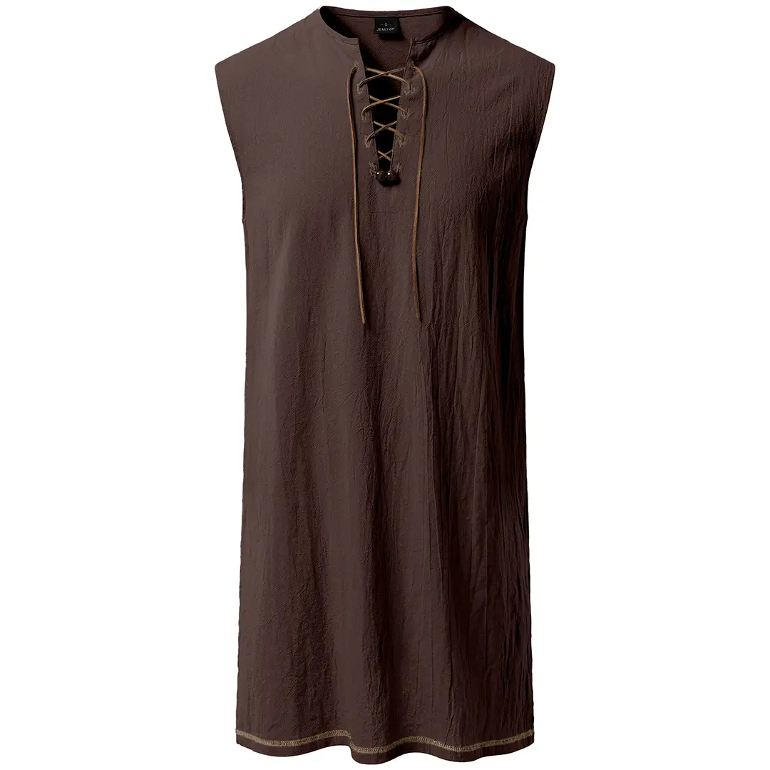 Men's Pure Cotton Sleeveless Lace-Up Medieval Viking Tunic, Menswear Renaissance Shirt for Halloween Knight Cosplay