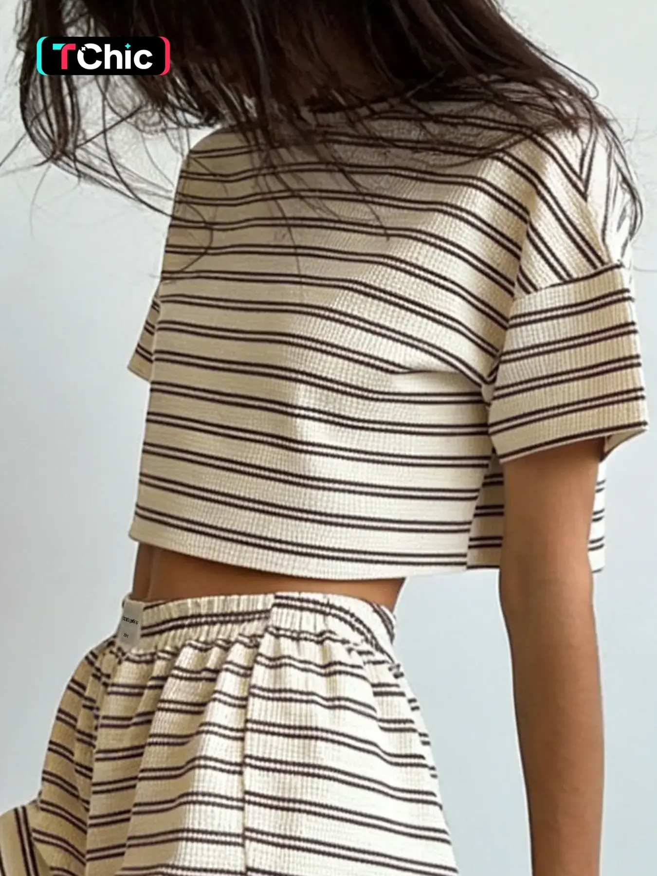 Women's Striped Print Drop Shoulder Tee & Wrap Split Shorts Pyjama Set, Casual Comfy Round Neck Short Sleeve T-shirt & Elastic Waist Shorts Pj Set, Summer Outfits 2024