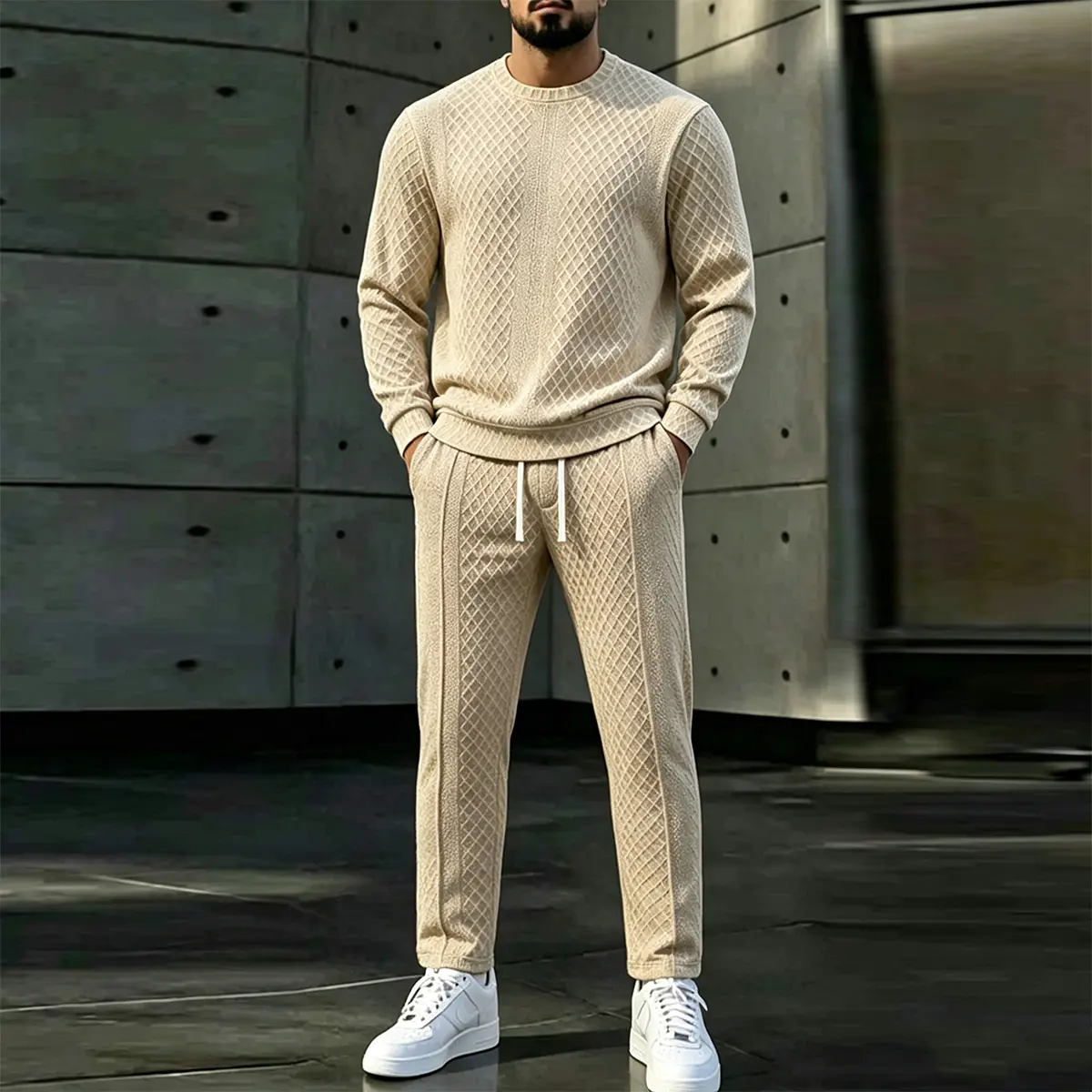 Men's 2-Piece Plain Khaki Diamond Textured Crew Neck Tracksuit - Menswear Longsleeves Pullover Top, Drawstring Straight Trousers, Casual Daily Streetwear Clothes for Men