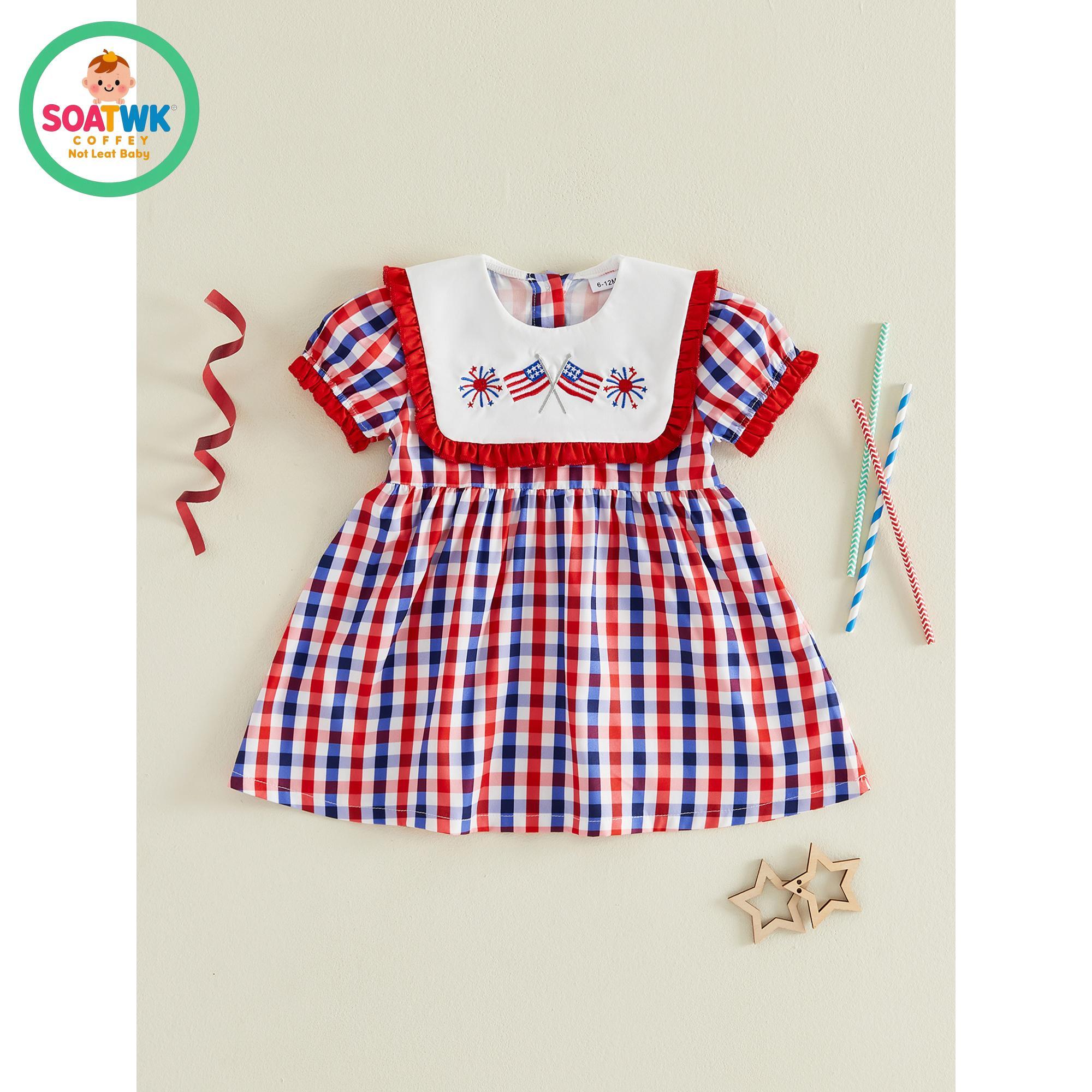 Little Girl 4th of July Dresses American Flag Firework Embroidered Short Sleeve A-line Gingham Dresses for Summer Spring