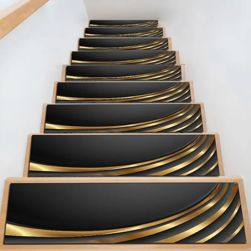 Modern Black Gold Curve Stripe Stair Mat, Absorbent Non-Slip Wooden Step Rug, Quick-Dry Moisture-Drain Stair Strip, Safe for Pets & Kids, Contemporary Rugs, Stair Tread Rug