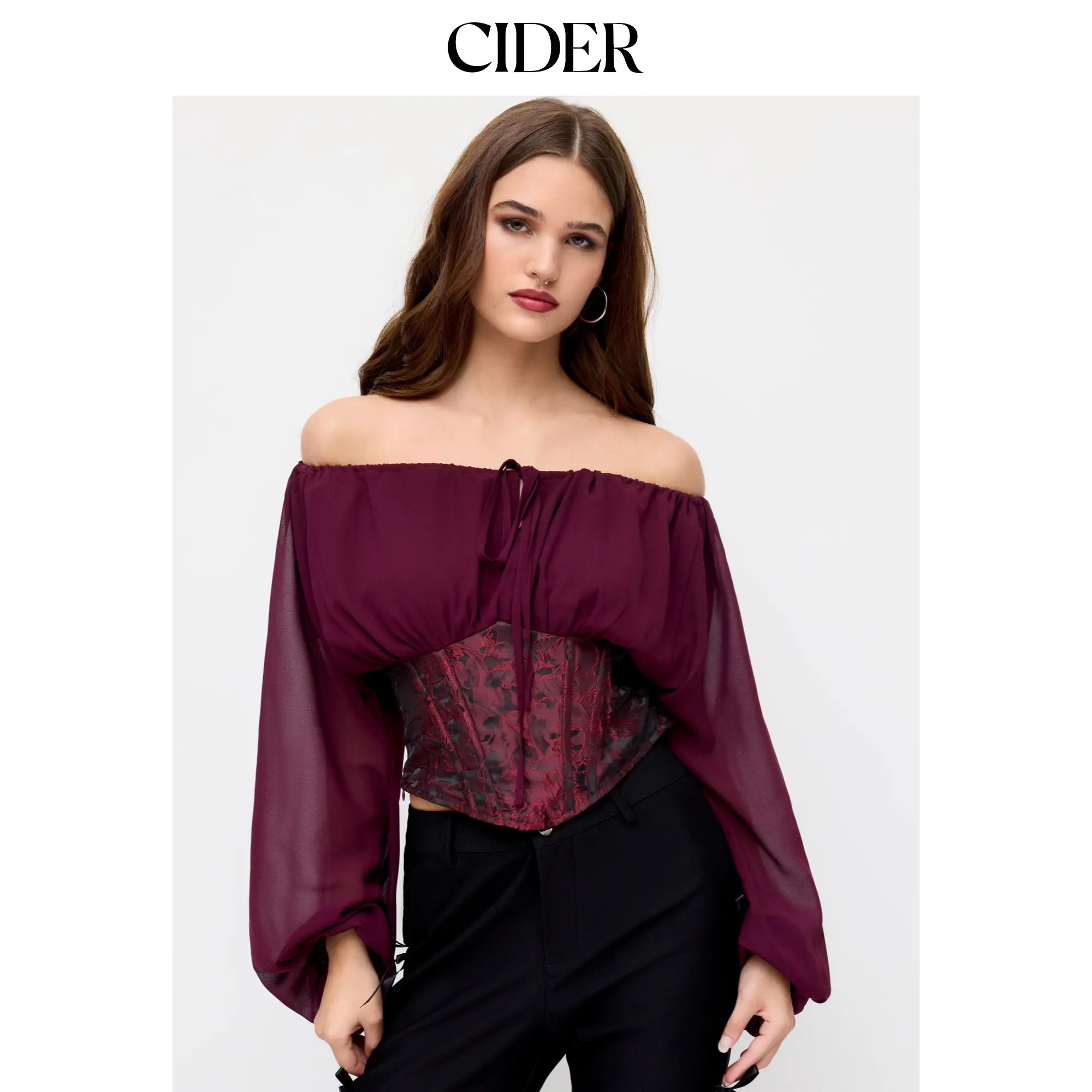 Cider Jacquard Off-shoulder Long Sleeve Knotted Lace Up Corset Blouse SummerFinds