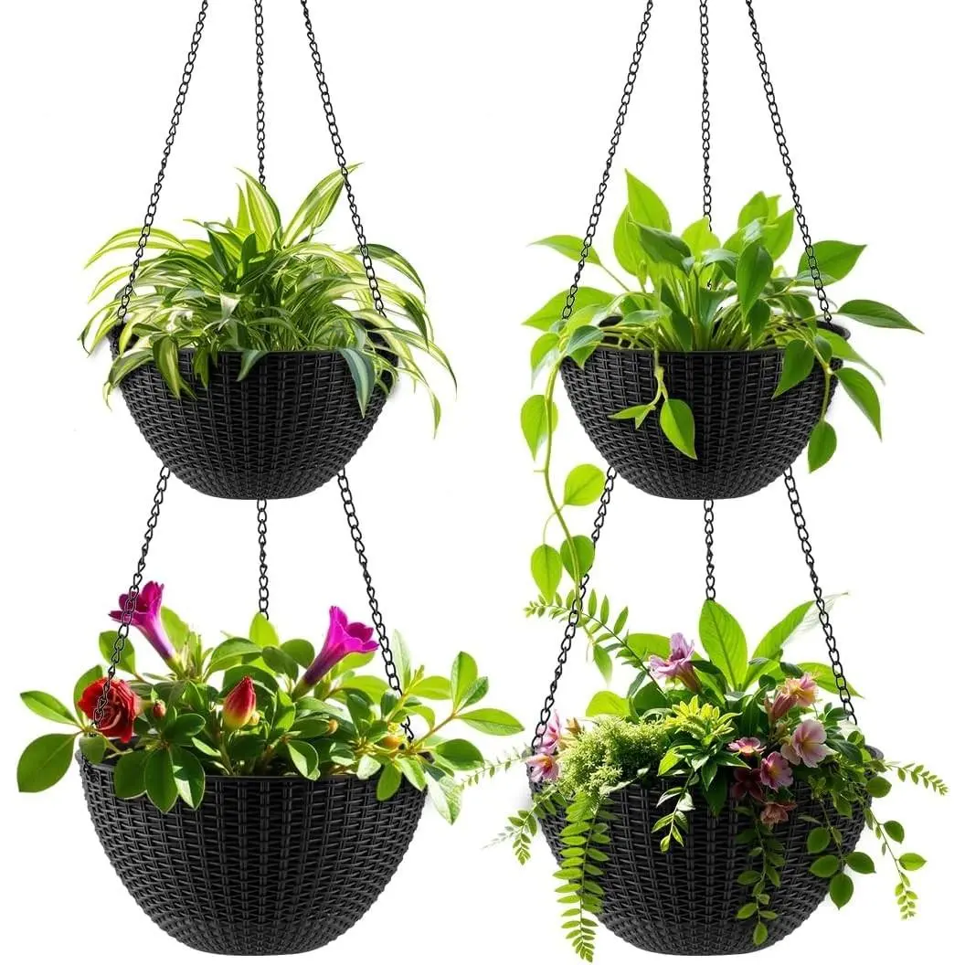 Hanging Planters for Indoor Outdoor Plants 8 and 10 Inch, 4 Packs Hanging Flower Pot with Drainage Holes, Self-Watering Hanging Basket Perfect for Home, Office and Garden, Black