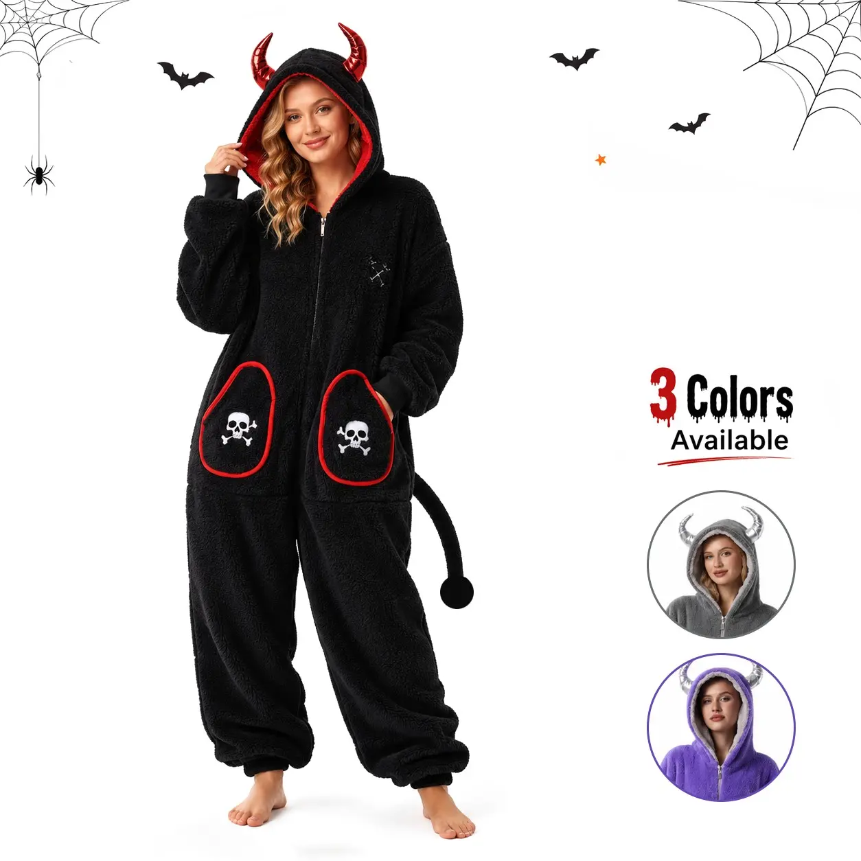 Adult Halloween Devil Hooded Onesie Pajamas, Soft Fleece Zipper Jumpsuit, Tail & Skull Pockets, Cozy Costume Sleepwear